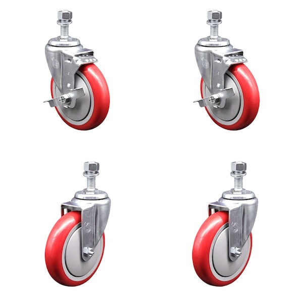 Service Caster 5 Inch Red Polyurethane Wheel Swivel 1/2 Inch Threaded Stem Caster Brakes, 2PK SCC-TS20S514-PPUB-RED-TLB-121315-2S2 - main
